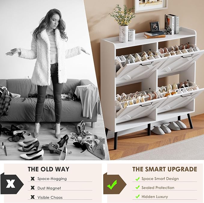 Nicetree Shoe Cabinet with 4 Flip Drawers, Freestanding Shoe Organizer Cabinet with Metal Legs, Farmhouse Slim Shoe Rack Cabinet for Entryway, Foyer, Hallway, White - Image 8
