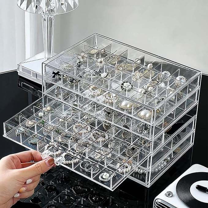 Clear Acrylic Jewelry Storage Box, Earring Jewelry Organizer with 5 Drawers, 5-Layer Jewelry Box for Women, Earrings Display Holder for Ring Bracelet Necklace, 120 Grid Compartment Storage Box - Image 4