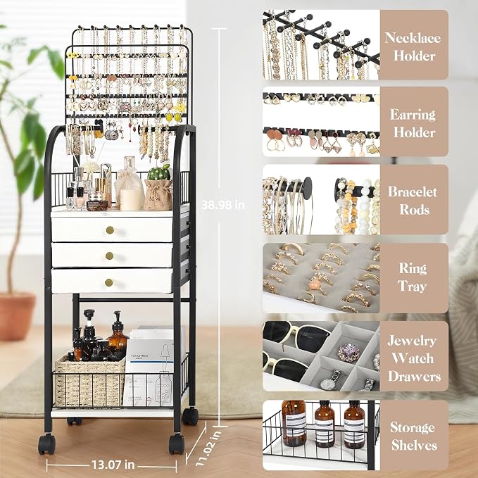 Keebofly Large Jewelry Organizer Stand with 3 Drawers, Floor Display Holder with Necklace, Earring, Bracelet, Ring Storage — Rolling Armoire Tower for Bedroom or Closet (Black) - Image 3