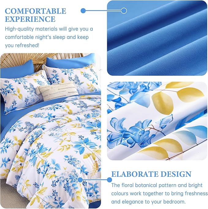Cottolester Teal Comforter Set Queen Size Floral 7-Piece Bedding Set,Botanical Comforter Set with Pillowcases,Soft Microfiber Complete Bedding Sets for All Season