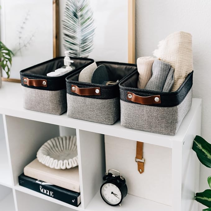 OrganiHaus Small Fabric Storage Baskets 3 Pack, 12x8in Cloth Storage Bins for Shelves, Small Baskets for Organizing Pantry Closet, Canvas Shelf Baskets, Gray/Black - Image 4