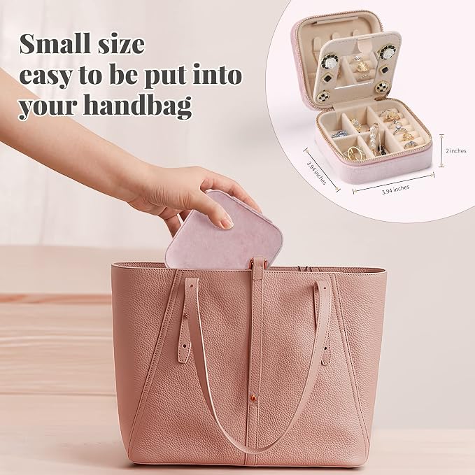 Dajasan Velvet Travel Jewelry Box, Mini Travel Jewelry Case, Small Portable Travel Jewelry Organizer Box with Mirror for Earrings Bracelets Rings Necklace (Pink) - Image 3