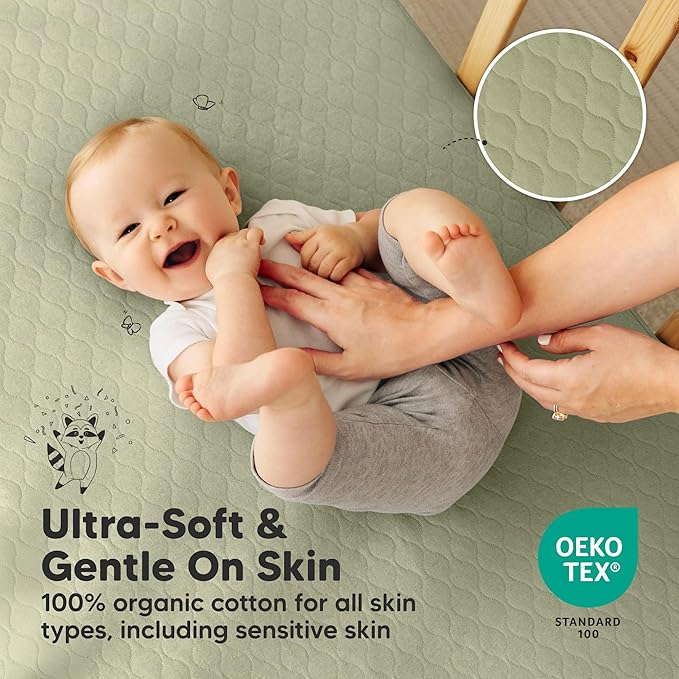 2-Pack Waterproof Crib Mattress Protector Cover Fitted - Quiet Baby Crib Mattress Pad Sheets, 52" x 28" Soft Quilted Cotton Baby Sheet, Machine Washable, Easy Fit, Durable (Avocado/Mavy)