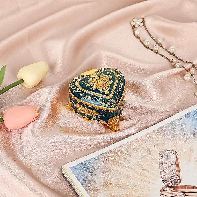 Hipiwe Vintage Metal Jewelry Box - Heart Shape Trinket Box Ring Case with Rose Pattern Jewelry Storage Box for Ring Earrings Necklace, Keepsake Box for Women, Blue - Image 6