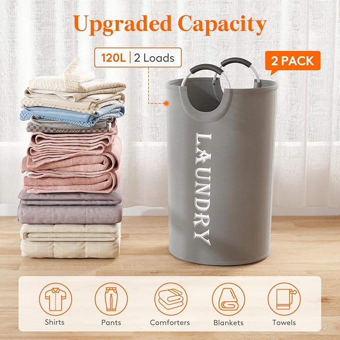 Lifewit 120L 2-Pack Large Laundry Basket, Collapsible Laundry Hamper with Aluminum Handles, Waterproof Freestanding Dirty Clothes Hampers for Laundry Room Bedroom Dorm Bathroom, Silver Grey - Image 4
