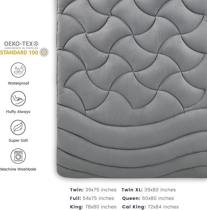 SLEEP ZONE Waterproof Mattress Pad Twin, Breathable Mattress Topper Quilted Fitted Cover Protector with Deep Pockets fits 8-21 inch, Gray