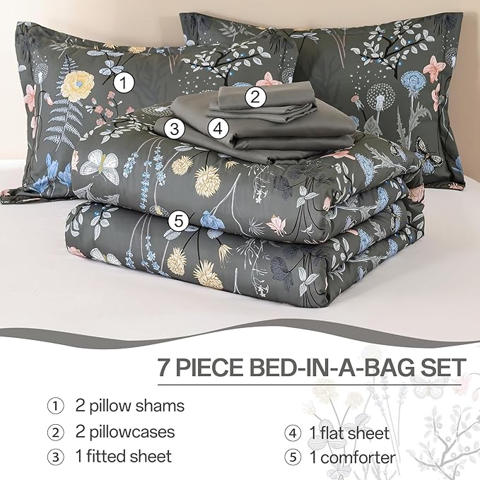 Yiran 7 Piece Grey Floral Comforter Set King Size, Botanical Flowers Bed in a Bag King, Soft Microfiber Complete Bedding Set with Sheets for All Season