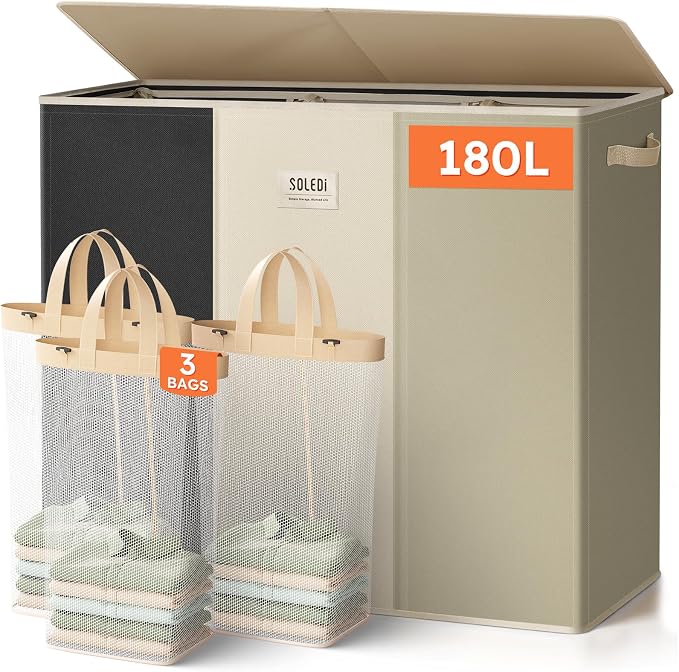 SOLEDI 180L 3-Section Laundry Hamper with Lid, Extra Large Dirty Clothes Basket with Sturdy Handles for Laundry Room & Bedroom - Durable Organizer for Sorting Laundry by SOLEDI