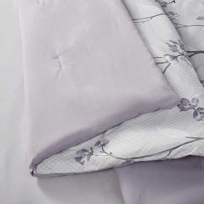 Comfort Spaces Bed in A Bag - Trendy Casual Design Cozy Comforter with Complete Sheet Set with Side Pocket, All Season Cover, Matching Shams Twin(66"x90"), Kate, Grey/Purple 6 Piece