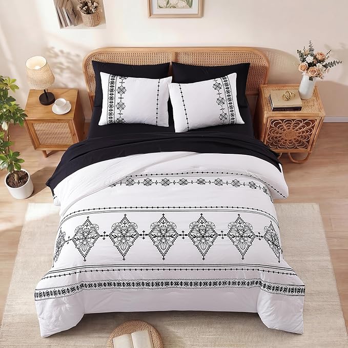MaiRêve King Size Comforter Set Frost White, Embroidery Floral Western Boho Bedding Set, All Season 7 Pieces Bed in a Bag with Sheets, Pillowcases & Shams
