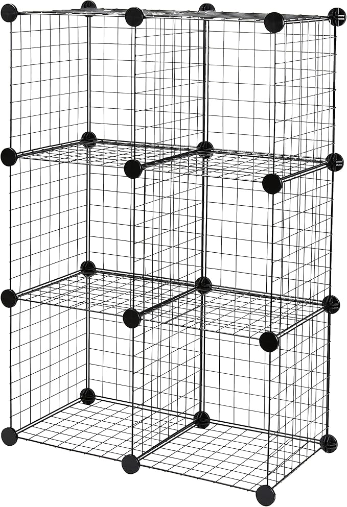 Amazon Basics 6-Cube Wire Grid Stackable Storage Organizer, Metal Shelving Unit, No-Tool Assembly, 26"W x 38"H x 12.6"D, Black by AmazonBasics
