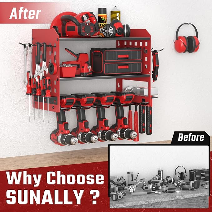 SUNALLY Power Tool Organizer, Heavy Duty Wall Mount Tool Organizer 3 Layers with 4 Drill Holders, Garage Tools Storage Rack with 2 Side Pegboards and Hooks for Workshop, Shed, Red - Image 3