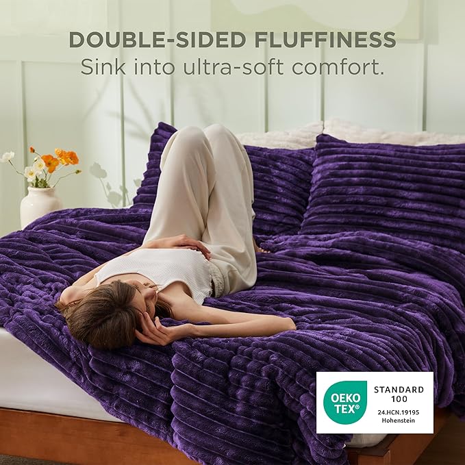 Bedsure Cal King Comforter Set - GentleSoft™ 3 Pieces Double-Side Fleece Fluffy Purple Comforter Set, Cozy Striped Room Decor Aesthetic, Luxury Cal King Bedding, 2 Pillowcases, 104x96 Inches