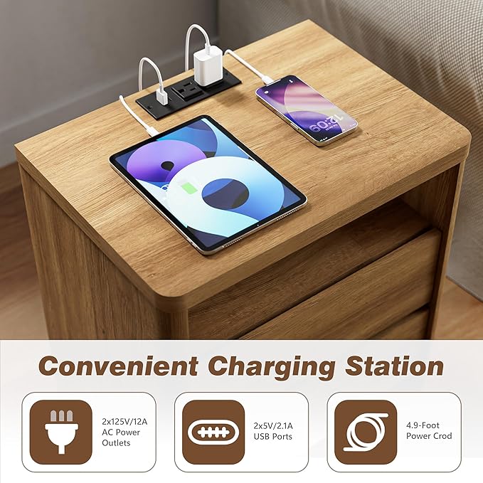 NowMais 3 Pieces of Dresser and Nightstand Set,55 Inch Width 9-Drawer Dresser & 2-Drawer Nightstands Set of 2,Nightstand with USB&Type C Charging Station&Outlets, Modern Design for Bedroom,Natural Oak