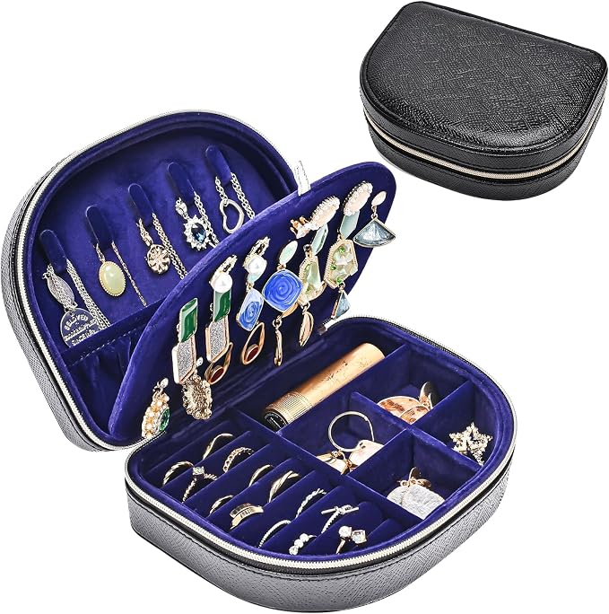 ProCase Travel Size Jewelry Box, Medium Portable Seashell-Shaped Jewelry Case, 2 Layer Mini Jewelry Organizer in PU Leather for Women -Glossy Black by ProCase