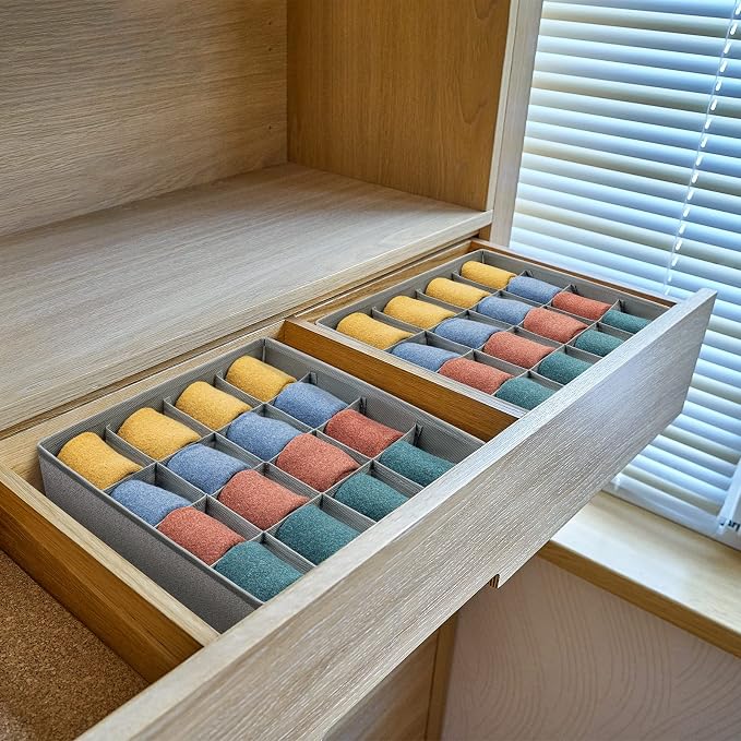 Joyoldelf Sock Drawer Organizer Divider Underwear Organizer 16-cell Fabric Dresser Drawer Organizers Storage Boxes for Socks, Lingerie, Handkerchiefs, Ties 2 Packs Gray - Image 3