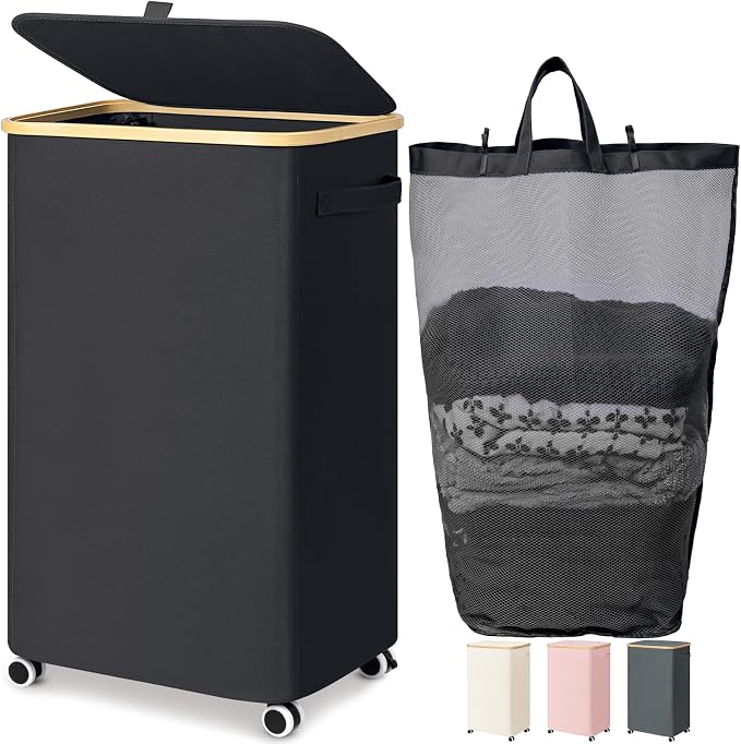Goodpick Laundry Basket with Wheels, 100L Rolling Laundry Hamper with Lid Clothes Hampers with Removable Wash Bag Large Clothes Basket for Bedroom, Bathroom, Black by Goodpick