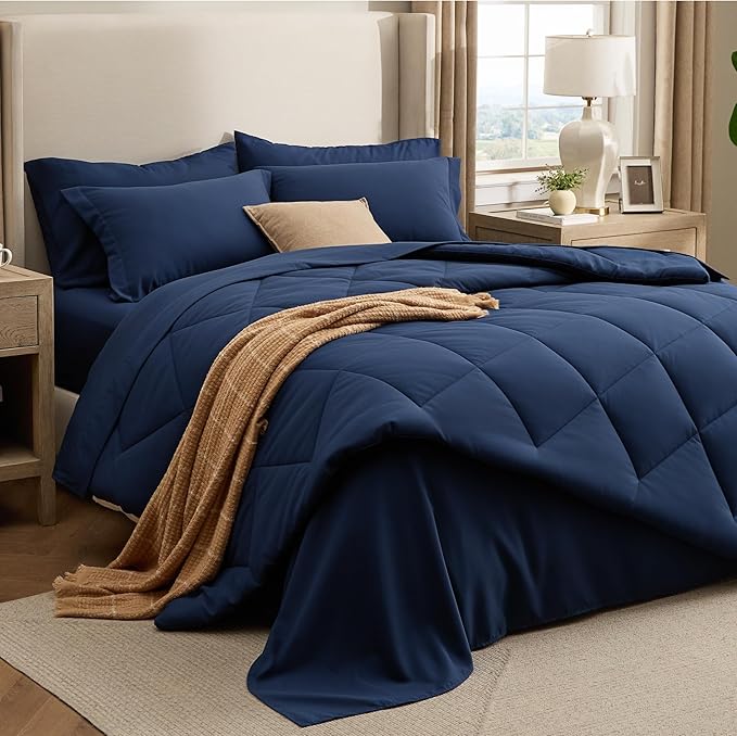 Bedsure 7 Pieces King Comforter Set Premium Series, Hotel Luxury Soft Bed in a Bag, Goose Down Alternative, Safe for Sensitive Skin Bedding Comforter All Season Medium Warmth, Navy Blue King Size