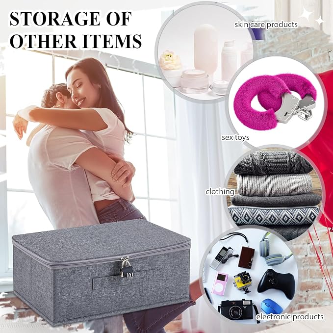 Briwooody Discreet Lockable Toy Bag Storage Organizer Toy Bag Storage Bins Case with Zipper Lid for Women and Men Clothes Container(Gray,15 x 10 x 6.3 Inch) - Image 4