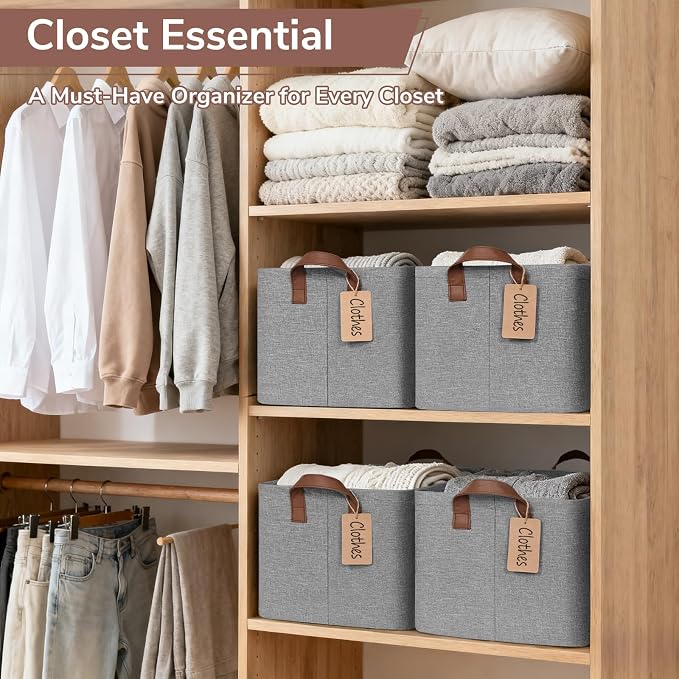 CHICVITA 4 Pack Large Storage Baskets for Shelves, Foldable Storage Bins for Clothes Towels Organization, Toy Organizer Bins for Nursery, Living Room, 16.8" x 11" x 9.8", Gray - Image 2