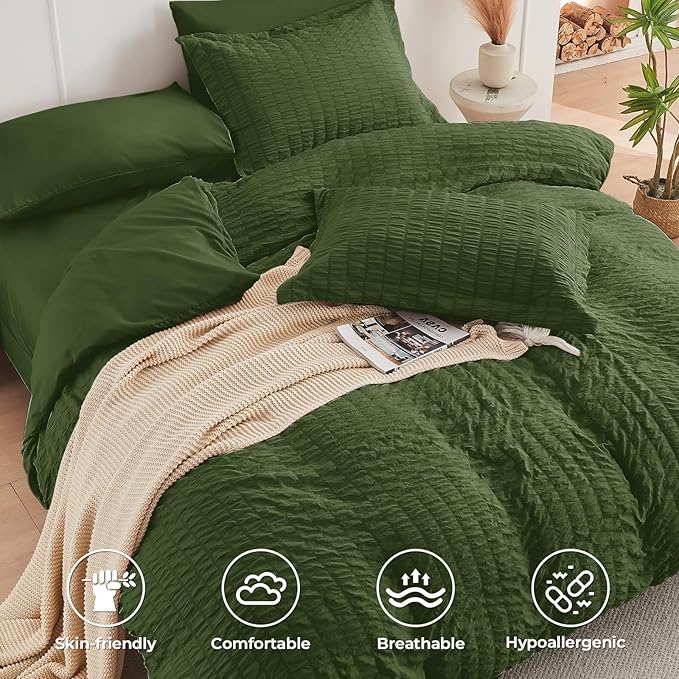 HYMOKEGE Olive Green Full Size Comforter Sets Seersucker 7 Pieces, All Season Luxury Bed in a Bag for Bedroom, Bedding Set with Comforter, Sheets, Pillowcases & Shams