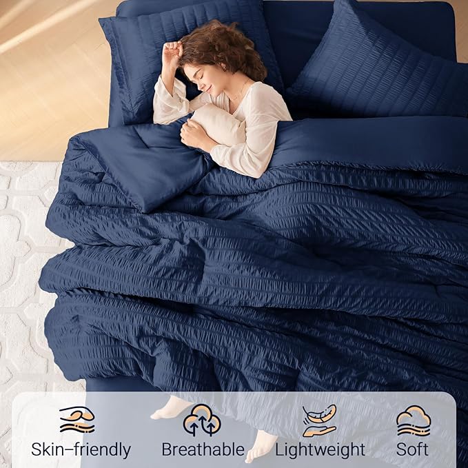 MUXHOMO 7 Pieces Full Comforter Set, Seersucker Bed in a Bag Full Size, All Season Luxury Bedding Set with Comforter, Flat Sheet, Fitted Sheet, Pillowcases & Shams, Navy Blue