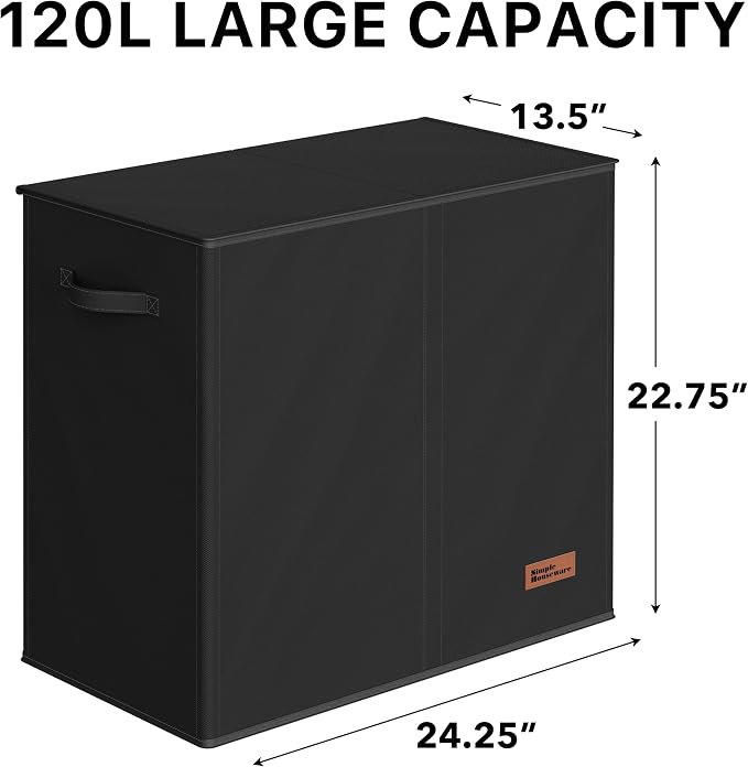 Simple Houseware Double Laundry Hamper with Lid and Removable Bags, Black - Image 2