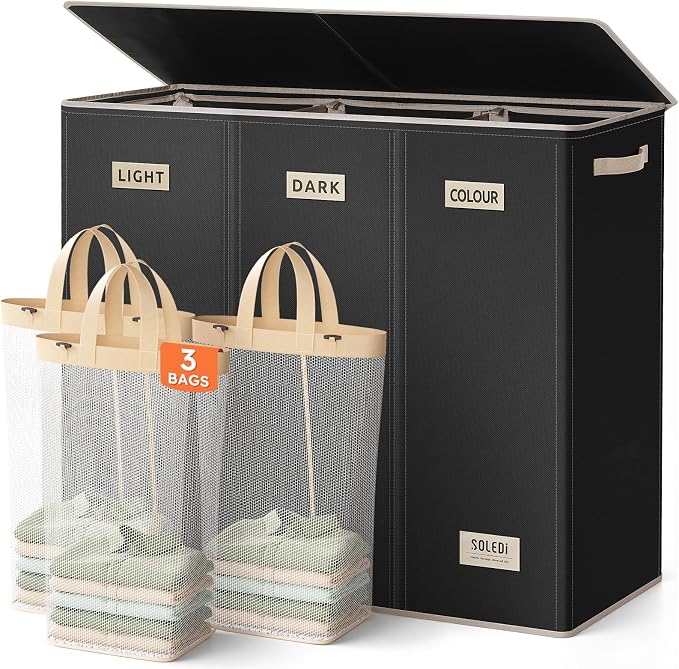 SOLEDI 200L 3-Section Laundry Hamper with Lid, Extra Large Dirty Clothes Basket with Sturdy Handles for Laundry Room & Bedroom - Durable Organizer for Sorting Laundry by SOLEDI