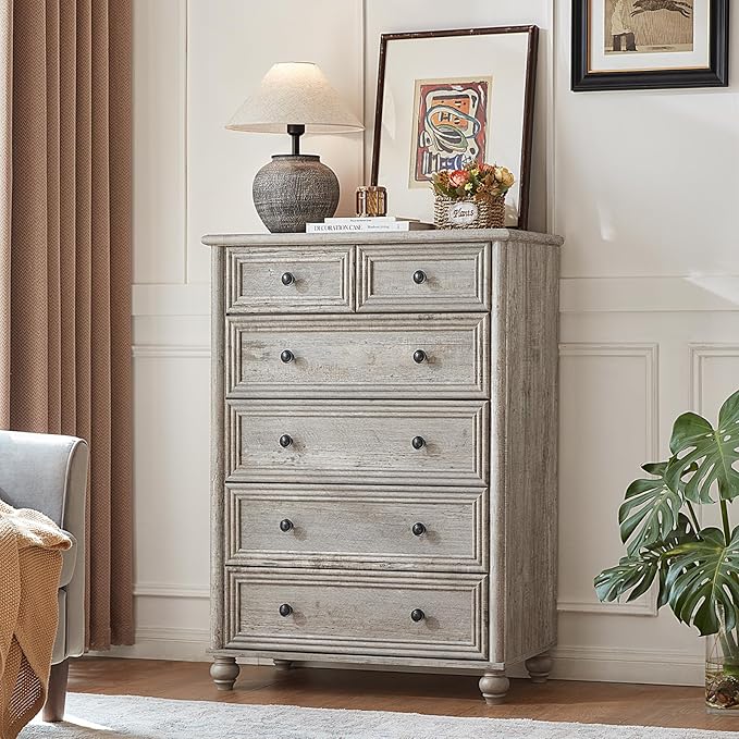 RWYHG Farmhouse 6 Drawer Dresser, Grey Chest of Drawers, 43.5" Tall Dressers for Bedroom with Roman Column and Metal Handles, Rustic Wood Storage Organizer for Living Room, Hallway, Closet