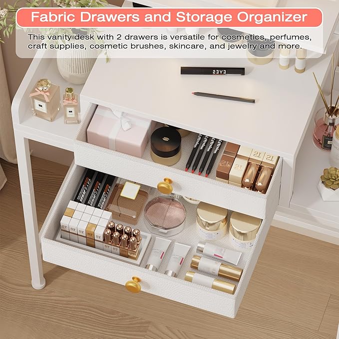 HIGDBFE Vanity Desk with Mirror and Lights, 28.4''W Small Makeup Vanity Table with Height-Adjustable Stand, 2 Fabric Drawers Compact Makeup Desk, Gift for Girls, Bedroom Small Space, White