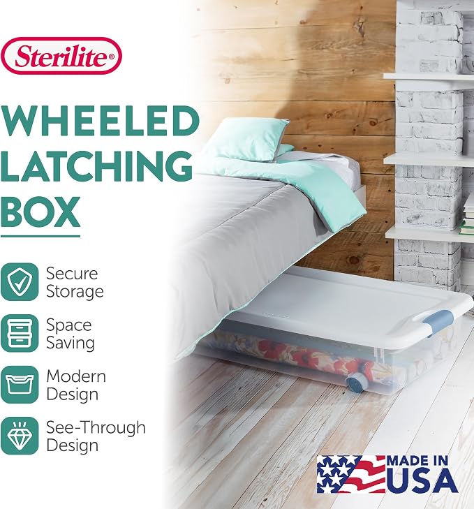 Sterilite 4-Pack 56 Quart Wheeled Latching Box, Underbed Clear Plastic Storage Organizer - Under Bed Rolling Container Bin with Lid and Wheels for Home or Dorm Bedrooms and Closets - Image 2