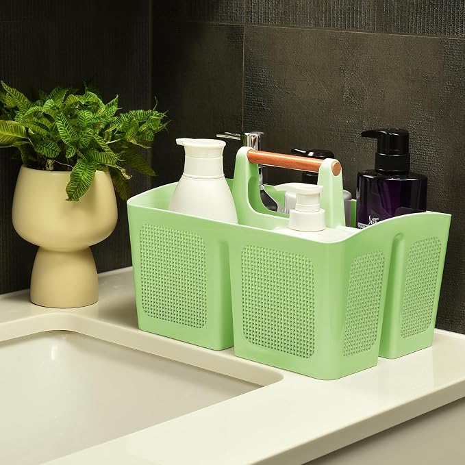 ALINK Portable Shower Caddy Basket with Compartments, Plastic Divided Cleaning Caddy Organizer Storage Tote with Handle for Bathroom, College, Dorm Room Essentials - Green - Image 3