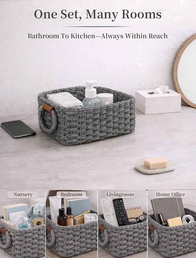 Storage Basket, Recycled Paper Rope Bathroom Basket Organizer, 3Pcs Small Baskets for Organizing, Mini wicker Basket for Decorative Storage Bins, Shelves, Bathroom, Cabinet - Grey - Image 6