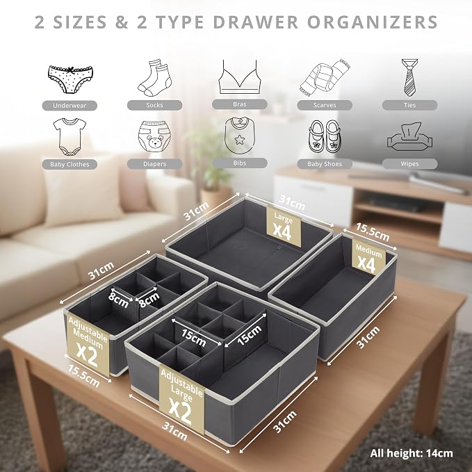 DECOMOMO Drawer Organizer for Baby – 12 Pack Clothes Organizer & Storage Dividers for Nursery, Storage Bins for Underwear, Bra, Socks, Diapers & Newborn Essentials (Grey) - Image 5