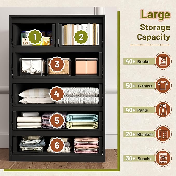 Romorgniz Dresser for Bedrom with 6 Large Drawers, Tall Chest of Drawers Modern Wooden Dresser for Living Room, Entryway, Hallway, Black, 43.2" H X 27.6" W X15.6 D