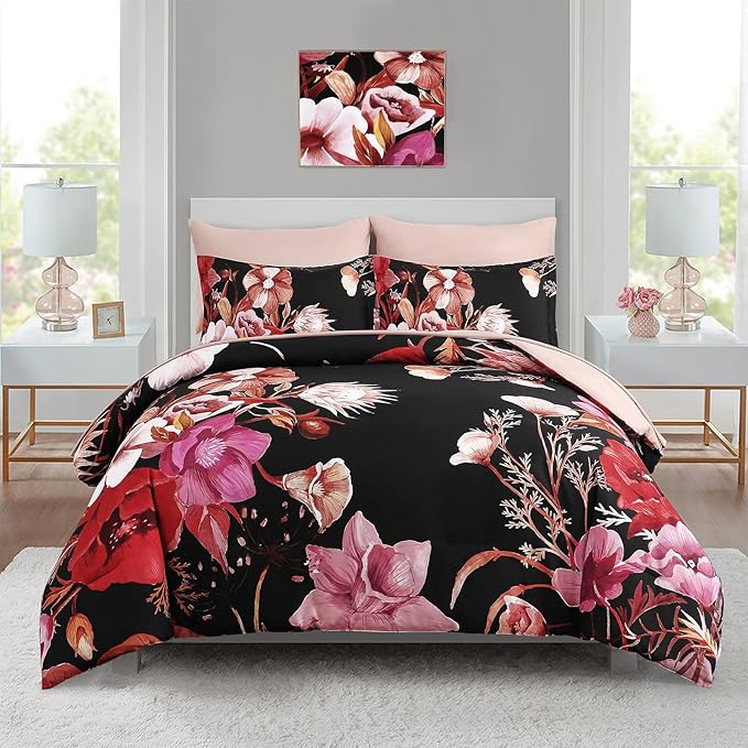 Luxudecor Floral Comforter Set Full Size 7 Piece, Red Flower Bed in a Bag, Elegant Comforter Bedding Set for All Season (Red, 80"x90")