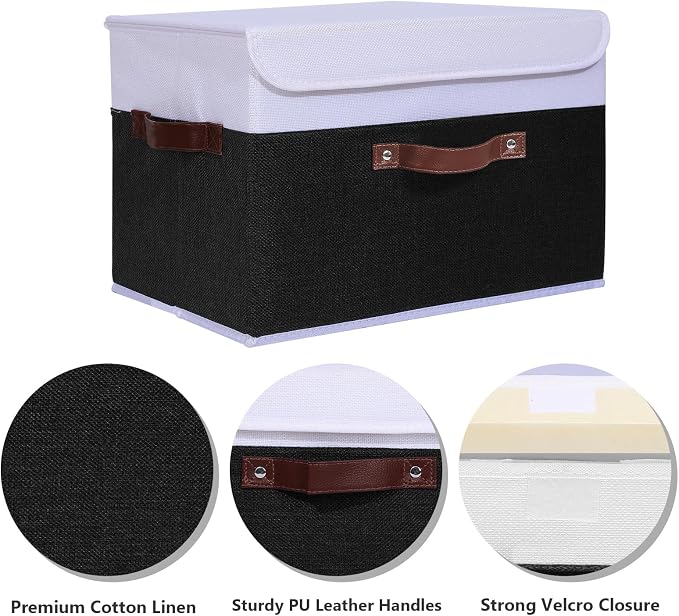 ANMINY 4PCS Storage Boxes with Lid Washable Decorative Storage Bins Basket with PU Leather Handle Foldable Linen Fabric Storage Cubes Containers for Home Closet Organizer - Black White, Large Size - Image 4