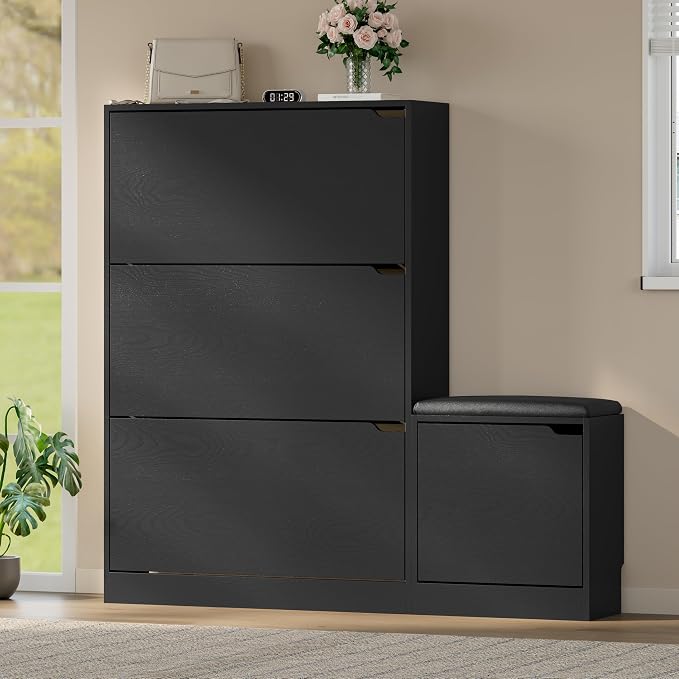 BORNOON Shoe Cabinet with Bench and 3 Flip Drawers, Slim Narrow Shoe Storage Cabinet, Freestanding Shoe Rack Organizer with Adjustable & Removable Shelves, Anti-Tip for Entryway, Hallway, Foyer - Image 3