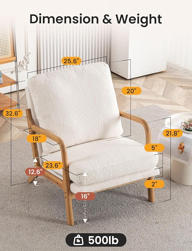 Mixcous Mid Century Modern Accent Chairs for Living Room, 23” Wide Comfy Chair for Bedroom, Small Cozy Sherpa Reading Chairs for Adults, 108° Lounge Arm Chair with Detachable Cover, 5.5" Foam Cushion