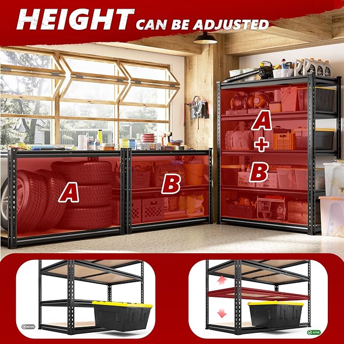 REIBII 2400LBS Storage Shelves 5 Tier Garage Shelving Heavy Duty Adjustable Garage Shelves, Utility Rack Shelf, Shelving Units for Storage Warehouse Pantry Closet, 35.5" W x 11.9" D x 72" H, Black - Image 6