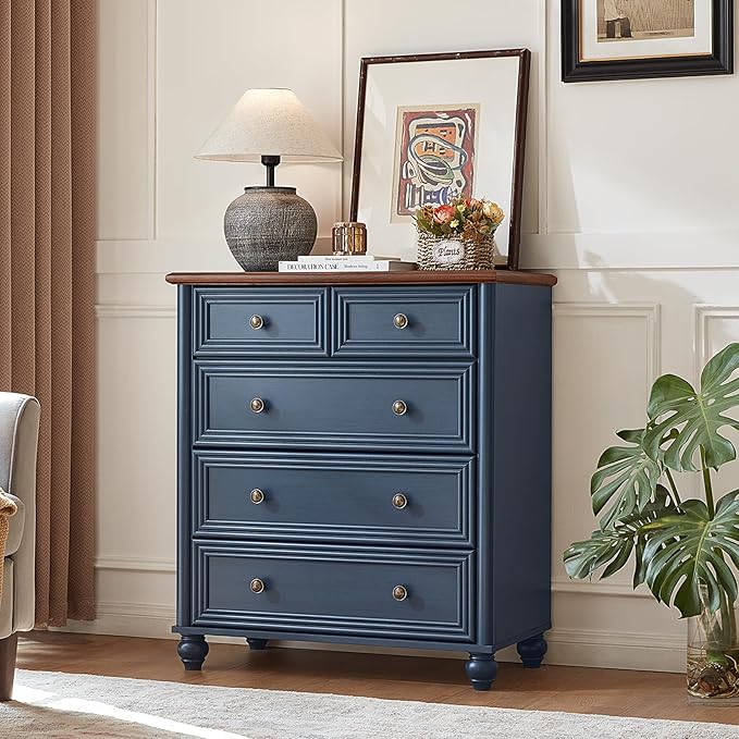 RWYHG Farmhouse 5 Drawer Dresser, Blue Rustic Chest of Drawers, 35.5" Tall Small Dressers for Bedroom with Roman Column and Metal Handles,Wood Storage Organizer for Living Room, Hallway, Closet