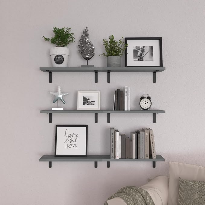 WOPITUES Wood Floating Shelves Set of 6, Shelves for Wall Decor, Farmhouse Shelf for Bedroom, Bathroom Storage Shelves, Book Shelves for Living Room-Grey - Image 6