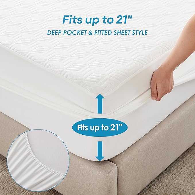 Cozymaker Full Size 100% Waterproof Mattress Protector, Cooling Mattress Pad Cover Fitted 8"-21" Deep Pocket, 3D Air Fabric Soft Breathable Smooth, White
