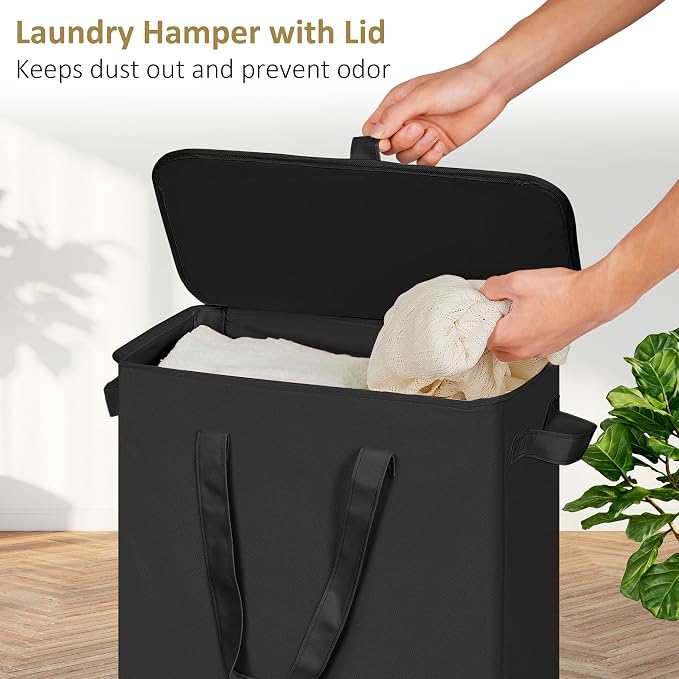 efluky Slim Laundry Basket with Lid, Narrow Laundry Hamper with Handles, Collapsible Dirty Clothes Hamper, Tall Laundry Bin for Laundry Room, Dorm and Bedroom, 55L Black - Image 3