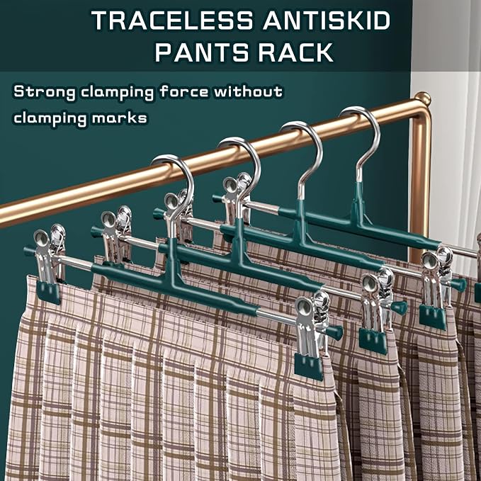 14Inch Pants Hangers with Clips 10 Pack Adjustable Skirt Hangers for Women Non-Slip Trousers Hanger for Jeans Shorts Clothes Hanger for Pants Heavy Duty Space Saving，Green - Image 3