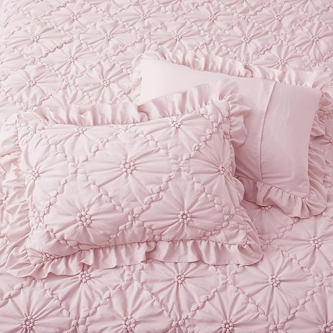 BEDAZZLED Queen Size Comforter Sets, Pink Bedding Comforter Set, 3 Pieces Pinch Pleat Bedding Sets with Comforter and Pillowcases Soft Farmhouse Shabby Chic Comforter for All Seasons