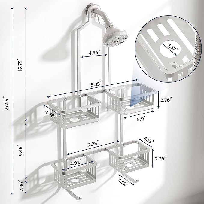 Aluminum Shower Caddy Hanging for Handheld Showerheads, Never Rust Shower Organizer with Hooks Holder Toothbrush Holder，Over Showerhead Caddy for Bathroom - Image 2