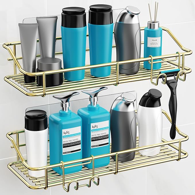 Nieifi Shower Caddy Shelf Storage Rack Adhesive Without Drilling Stainless Steel with Hooks for Washroom, Lavatory, Restroom, Toilet, Bathroom, Kitchen - 2 Pack, Golden - Image 3