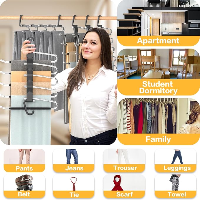 Pants Hangers Space Saving - 2 Pack Closet Organizer and Storage Jean Hangers, Stainless Steel Anti-Slip Clothes Hanger Scarf Holder for Pants Jeans Leggings Trousers Pant Rack, Black - Image 6