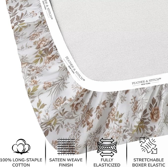 Feather & Stitch Printed 500 TC California King Size 4pc Damask Bed Sheet Set, 100% Soft Cotton Breathable Bedsheets, 18" Deep Pockets Sateen Weave Striped Bedding Mattress - Rose Floral